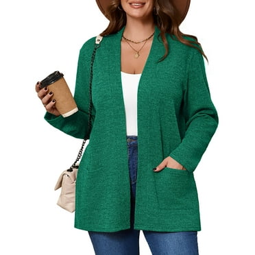 SHOWMALL Women's Plus Open Front Fall Cardigan V Neck Sweater Long Sleeve Causal Button Down Soft 3X Green Warm Knit Cardigan