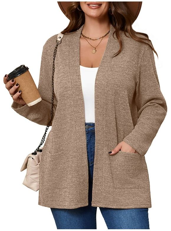 Women's Plus Open Front Fall Cardigan V Neck Sweater Long Sleeve Causal Button Down Soft 3X Latte Warm Knit Cardigan