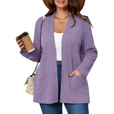 SHOWMALL Women's Plus Open Front Fall Cardigan V Neck Sweater Long Sleeve Causal Button Down Soft 3X Light Purple Outwear Tops