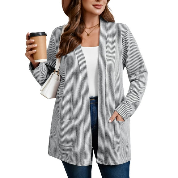 SHOWMALL Women's Plus Open Front Fall Cardigan V Neck Sweater Long Sleeve Causal Button Down Soft 3X White Stripe Warm Knit Cardigan