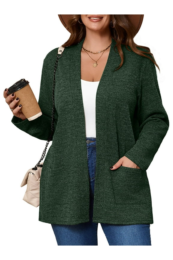 Women's Plus Open Front Fall Cardigan V Neck Sweater Long Sleeve Causal Button Down Soft 4X Dark Green Outwear Tops