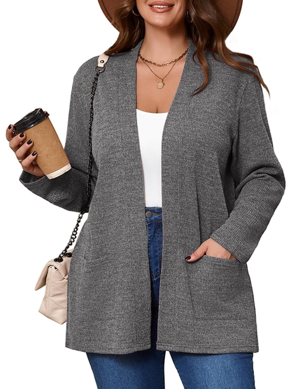 Women's Plus Open Front Fall Cardigan V Neck Sweater Long Sleeve Causal Button Down Soft 4X Gray Warm Knit Cardigan