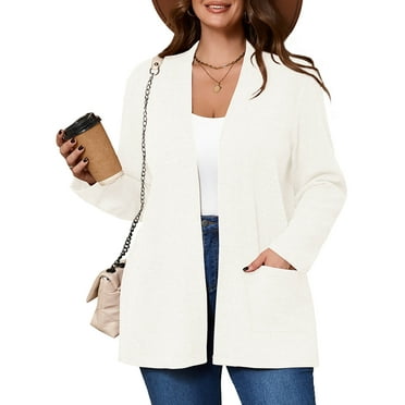 SHOWMALL Women's Plus Open Front Fall Cardigan V Neck Sweater Long Sleeve Causal Button Down Soft 5X Beige White Warm Knit Cardigan
