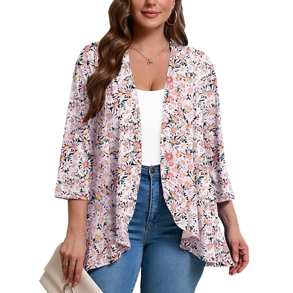 SHOWMALL Women's Plus Open Front Lightweight Cardigan 3/4 Sleeves Bolero Dense Daisy Blooms 4X Pleated Ruffles Hemline Shrugs