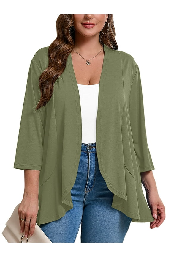 Women's Plus Open Front Lightweight Cardigan 3/4 Sleeves Bolero Light Green 4X Pleated Ruffles Hemline Shrugs