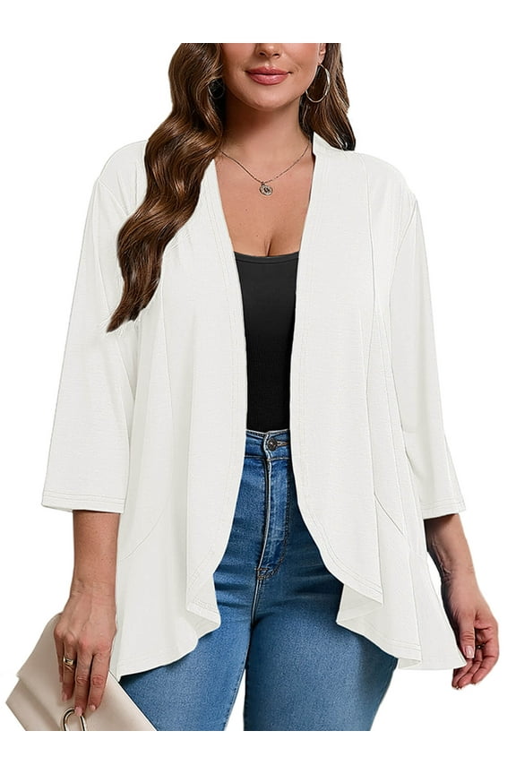 Women's Plus Open Front Lightweight Cardigan 3/4 Sleeves Bolero White 4X Pleated Ruffles Hemline Shrugs