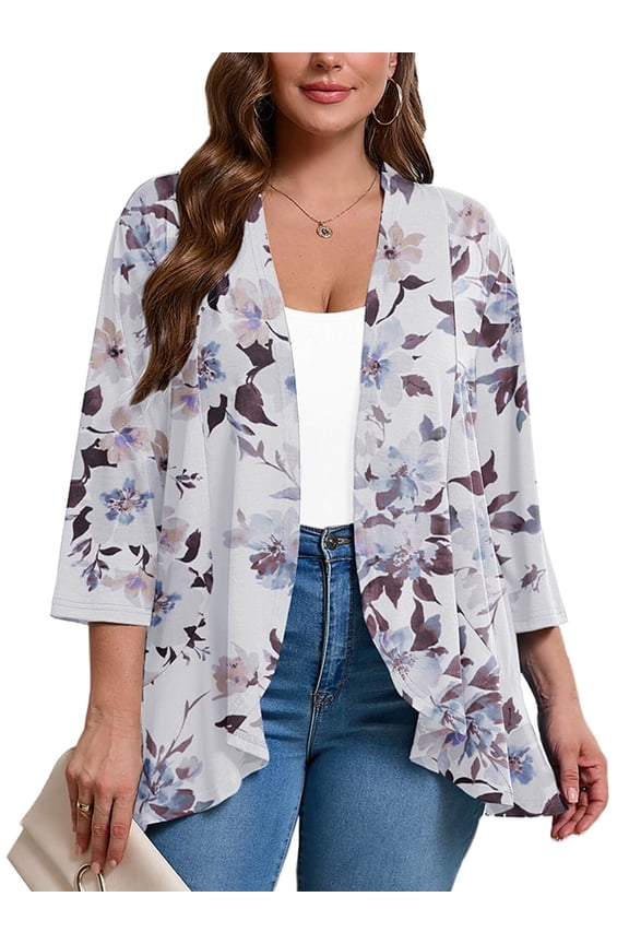 Women's Plus Open Front Lightweight Cardigan 3/4 Sleeves Bolero White Peony 2X Pleated Ruffles Hemline Shrugs