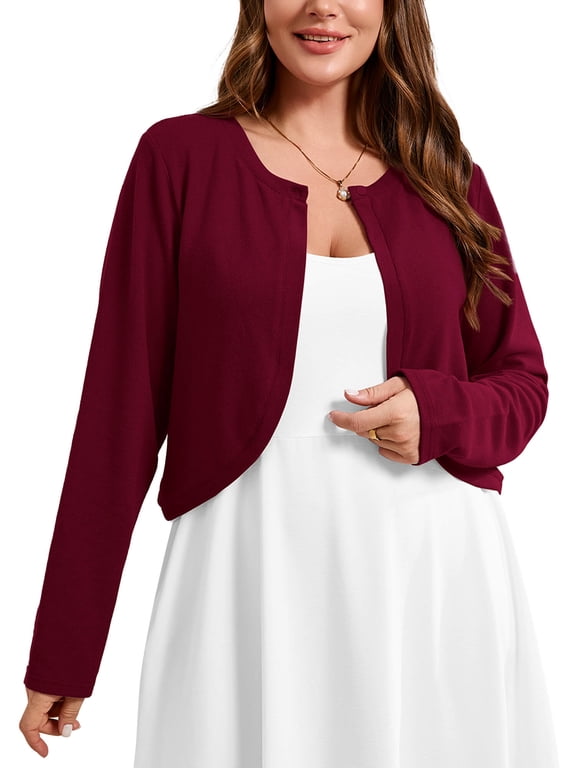 Women's Plus Size Open Front Cropped Cardigan Lightweight Long Sleeve Bolero Shrug for Dresses, 1X-5X