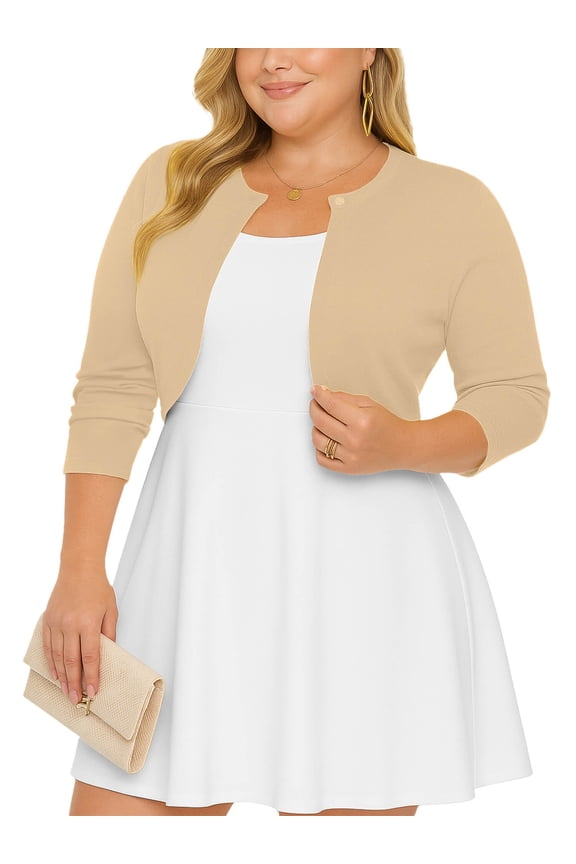 Women's Plus Size Open Front Cropped Cardigan Khaki Heather 4X Lightweight Long Sleeve Bolero Shrug for Dresses