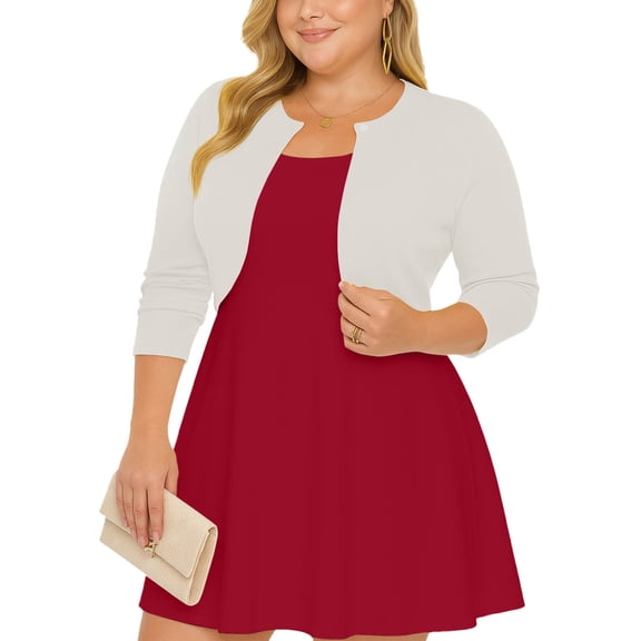 SHOWMALL Women's Plus Size Open Front Cropped Cardigan White 3X Lightweight Long Sleeve Bolero Shrug for Dresses