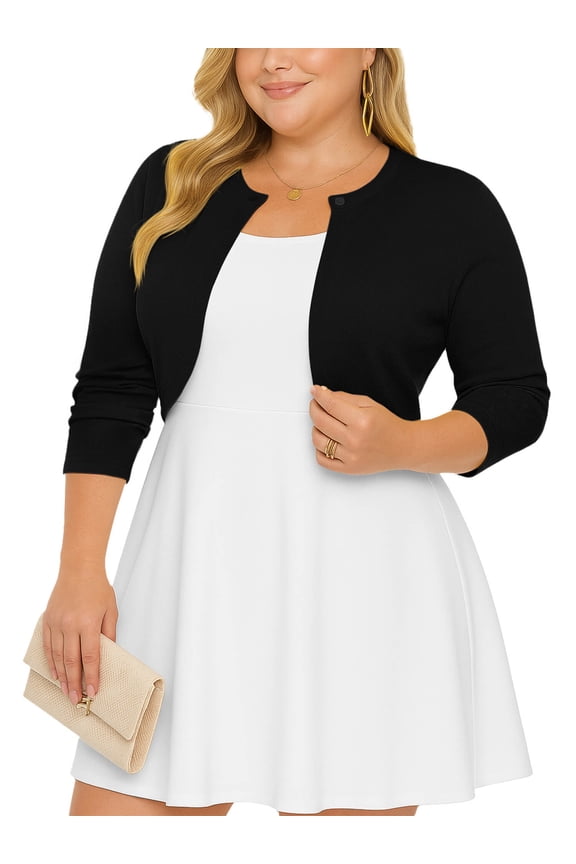 Women's Plus Size Open Front Cropped Cardigan Black 3X Lightweight Long Sleeve Bolero Shrug for Dresses