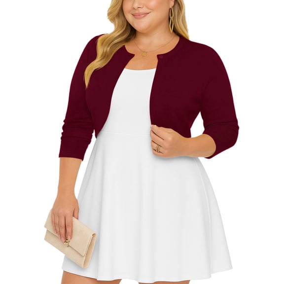 SHOWMALL Women's Plus Size Open Front Cropped Cardigan Wine Red 3X Lightweight Long Sleeve Bolero Shrug for Dresses
