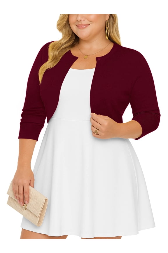 Women's Plus Size Open Front Cropped Cardigan Wine Red 3X Lightweight Long Sleeve Bolero Shrug for Dresses