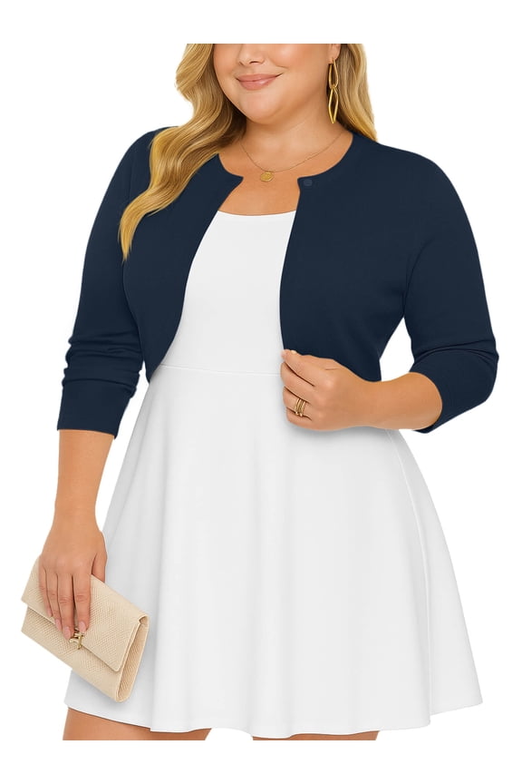 Women's Plus Size Open Front Cropped Cardigan Navy Blue 3X Lightweight Long Sleeve Bolero Shrug for Dresses