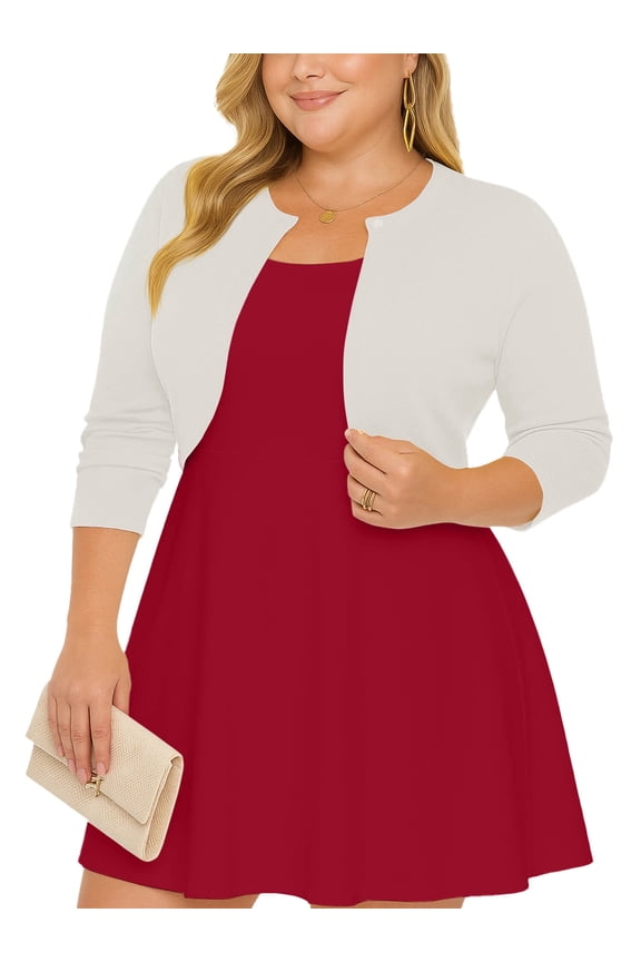 Women's Plus Size Open Front Cropped Cardigan White 3X Lightweight Long Sleeve Bolero Shrug for Dresses