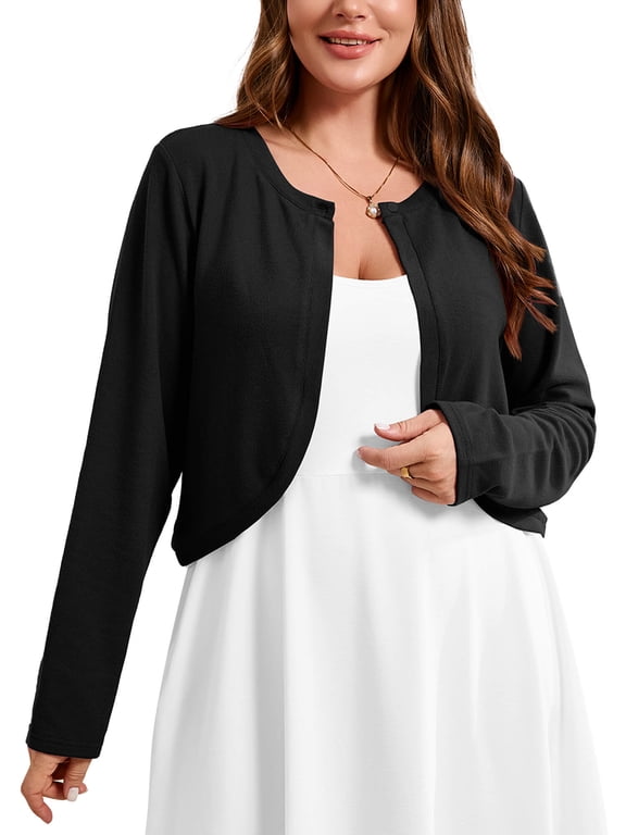Women's Plus Size Open Front Cropped Cardigan Lightweight Long Sleeve Bolero Shrug for Dresses, 1X-5X