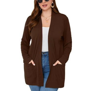 SHOWMALL Women's Plus Open Front Summer Lightweight Cardigan V Neck Sweater Long Sleeve Causal Bolero Button Down Soft 3X Dark Coffee Outwear Tops