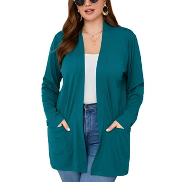 SHOWMALL Women's Plus Open Front Summer Lightweight Cardigan V Neck Sweater Long Sleeve Causal Bolero Button Down Soft 5X Peacock Blue Outwear Tops
