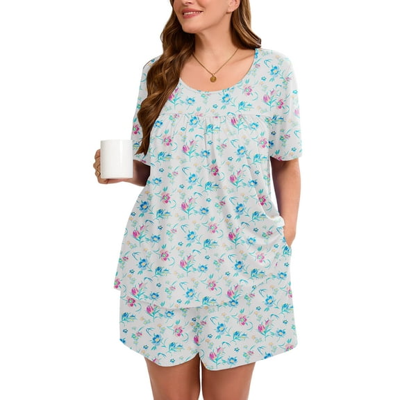SHOWMALL Women's Plus Pajama Set 2 Piece Floral Loungewear Short Sleeve Tops and Shorts Blue Pink Floral 3X Soft Sleepwear with Pockets