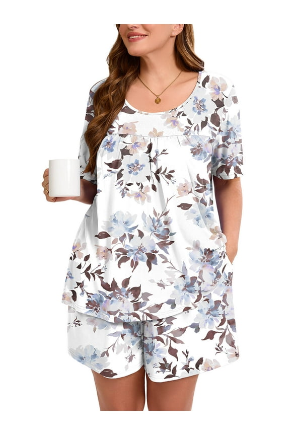 Women's Plus Pajama Set 2 Piece Floral Loungewear Short Sleeve Tops and Shorts White Peony 3X Soft Sleepwear with Pockets