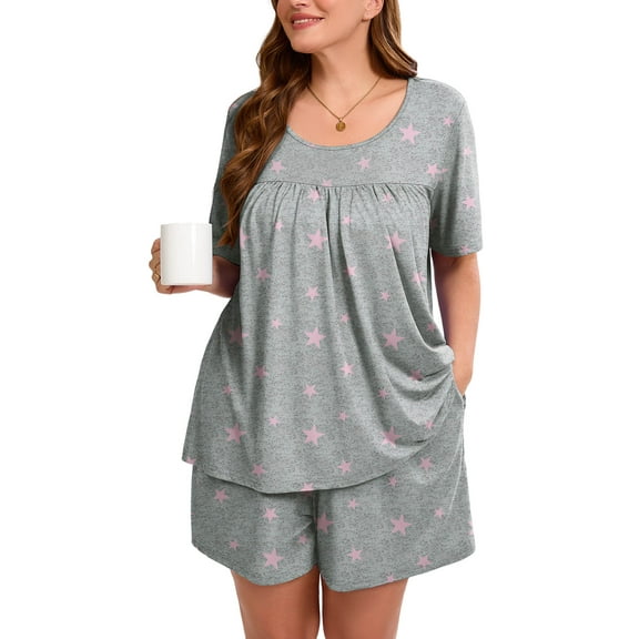 SHOWMALL Women's Plus Pajama Set 2 Piece Loungewear Short Sleeve Tops and Shorts Pink Stars 3X Soft Sleepwear with Pockets