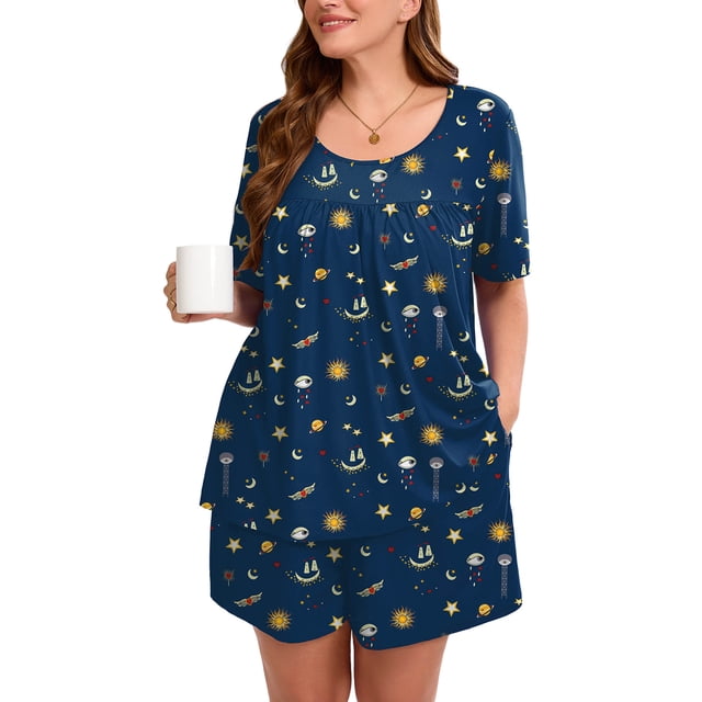 SHOWMALL Women's Plus Pajama Set 2 Piece Loungewear Short Sleeve Tops and Shorts Starry Sky Deep Navy 3X Soft Sleepwear with Pockets