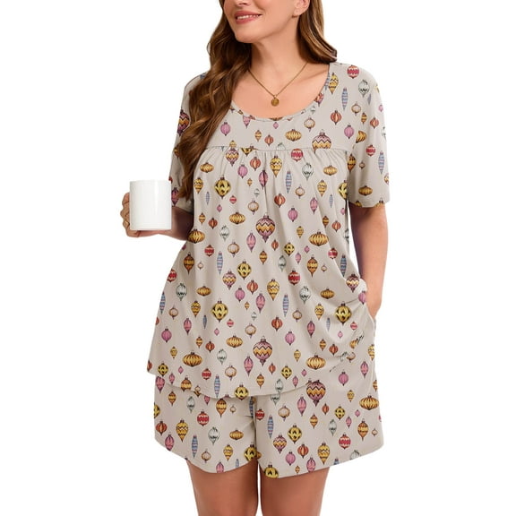 SHOWMALL Women's Plus Pajama Sets Pleated Front Loungewear Cream Ramadan Lanterns 3X Floral Sleepwear Ladies Pjs Sets with Pockets