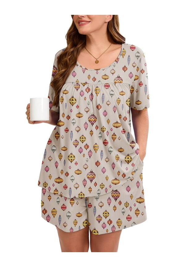 Women's Plus Pajama Sets Pleated Front Loungewear Cream Ramadan Lanterns 3X Floral Sleepwear Ladies Pjs Sets with Pockets