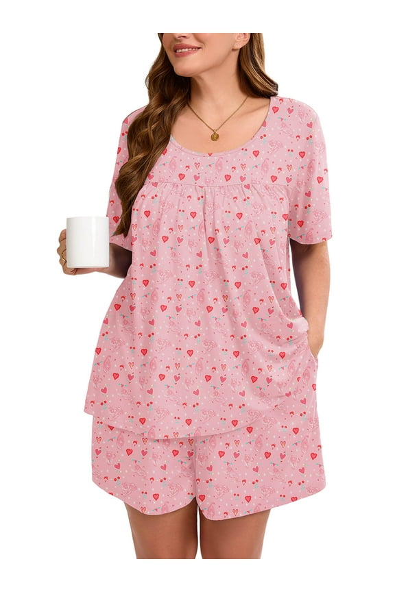 Women's Plus Pajama Sets Pleated Front Loungewear Pink Tiger Hearts 3X Floral Sleepwear Ladies Pjs Sets with Pockets