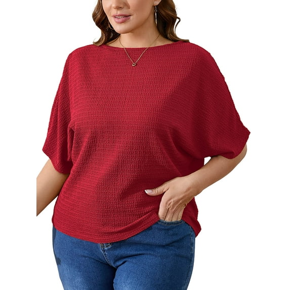 SHOWMALL Women's Plus Shirts Batwing Half Sleeve Drop Shoulder Shirt Textured Fashion Blouse 2X Red