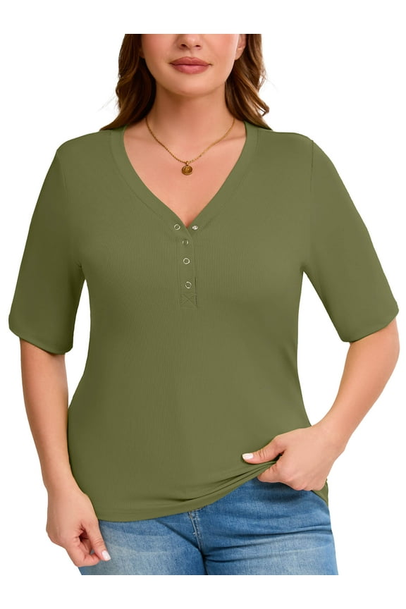 Women's Plus Shirts Henley Elbow Sleeve Top Casual Ribbed Curved Tops Army Green 2X Layered Knit Fitted Effortless Style Top