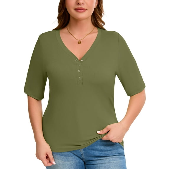 SHOWMALL Women's Plus Shirts Henley Elbow Sleeve Top Casual Ribbed Curved Tops Army Green 3X Layered Knit Fitted Effortless Style Top