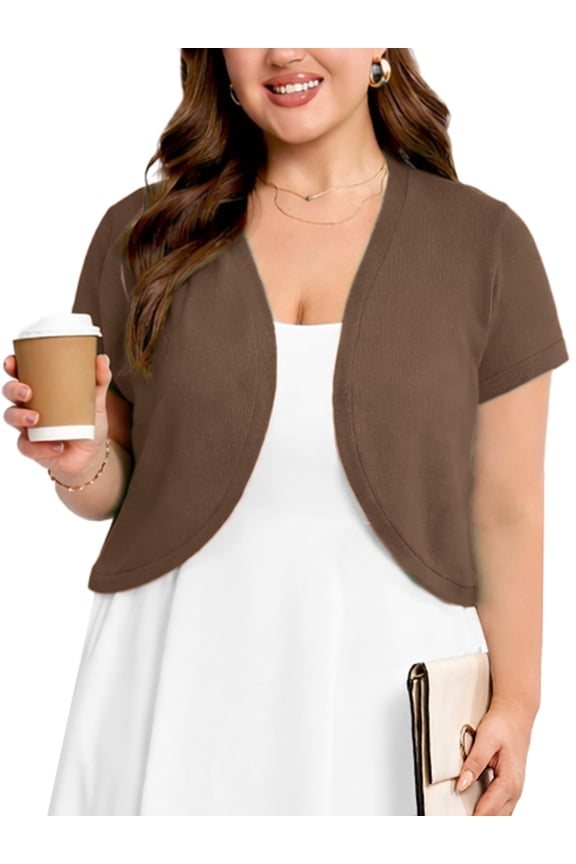 Women's Plus Short Sleeve Bolero Shrug for Dresses Cropped Cardigan Open Front Summer Shoulder Cover Up Coffee 3X
