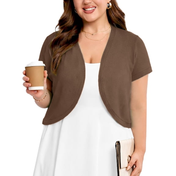 SHOWMALL Women's Plus Short Sleeve Bolero Shrug for Dresses Cropped Cardigan Open Front Summer Shoulder Cover Up Coffee 3X