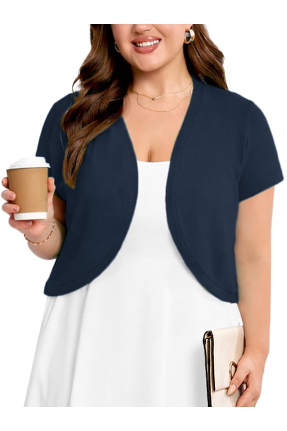 Women's Plus Short Sleeve Bolero Shrug for Dresses Cropped Cardigan Open Front Summer Shoulder Cover Up Navy Blue 3X