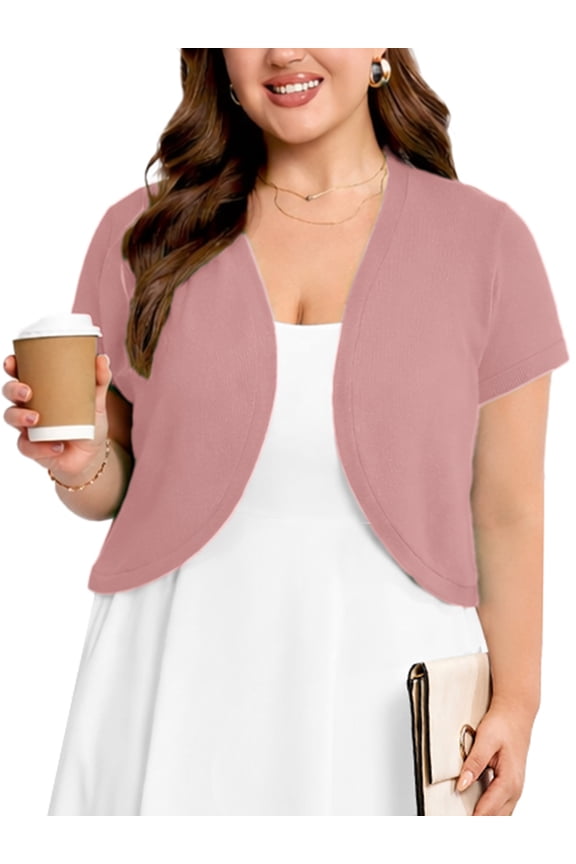 Women's Plus Short Sleeve Bolero Shrug for Dresses Cropped Cardigan Open Front Summer Shoulder Cover Up Pink 3X