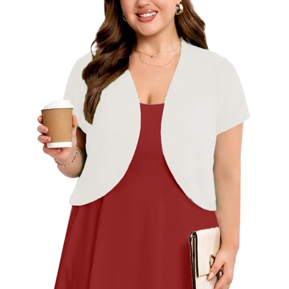 SHOWMALL Women's Plus Short Sleeve Bolero Shrug for Dresses Cropped Cardigan Open Front Summer Shoulder Cover Up White 4X
