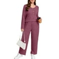 thumbnail image 1 of SHOWMALL Women's Plus Size 2 Piece Comfy Outfit Set – Long Sleeve Lounge Set Burgundy 3X Ribbed Knit Top and Pants, Perfect for Daily Casual Wear, 1 of 8