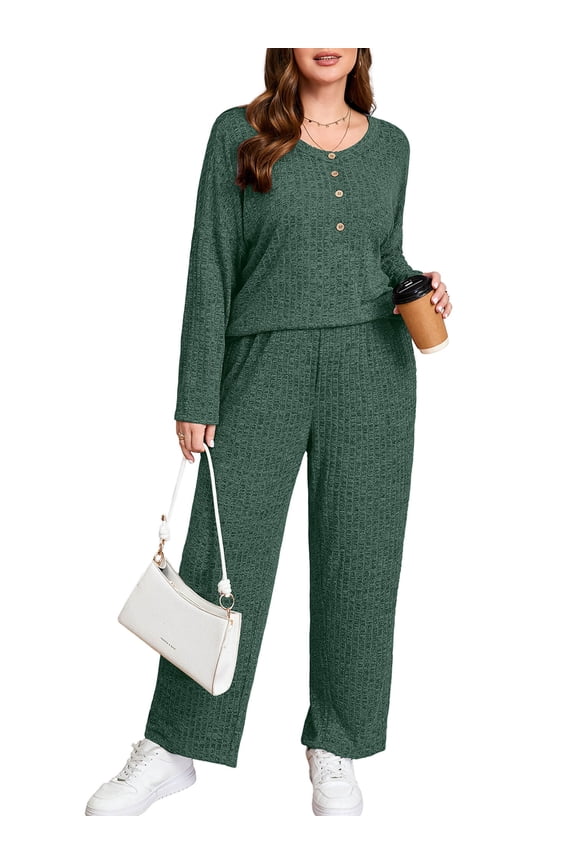 Women's Plus Size 2 Piece Comfy Outfit Set – Long Sleeve Lounge Set Green 2X Ribbed Knit Top and Pants, Perfect for Daily Casual Wear