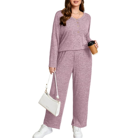 SHOWMALL Women's Plus Size 2 Piece Comfy Outfit Set – Long Sleeve Lounge Set Pink 1X Ribbed Knit Top and Pants, Perfect for Daily Casual Wear