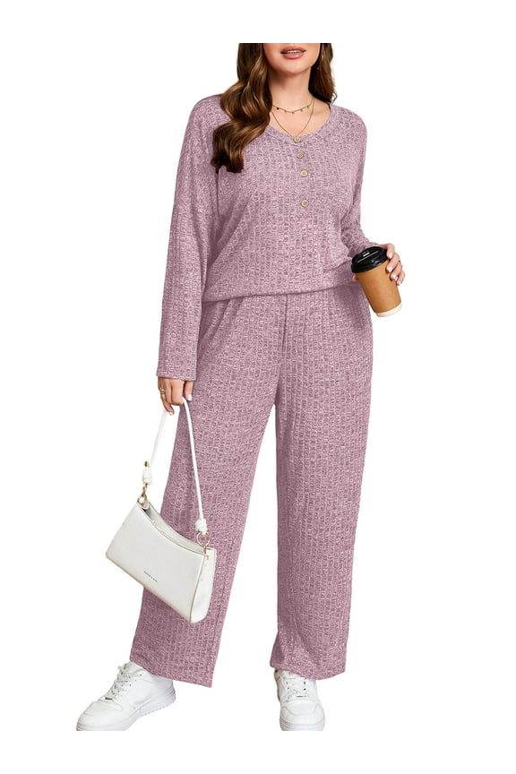 Women's Plus Size 2 Piece Comfy Outfit Set – Long Sleeve Lounge Set Pink 1X Ribbed Knit Top and Pants, Perfect for Daily Casual Wear