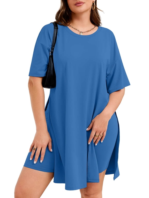 Women's Plus Size 2 Piece Outfits, Royal Blue 3X Short Sleeve Side Split Tunic Tops and Biker Shorts Sets, Summer Maternity Friendly Lounge Set Pajamas