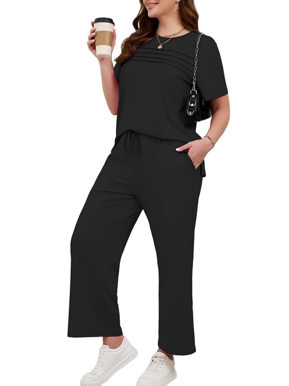 Women's Plus Size 2 Piece Outfits Casual Matching Sets Short Sleeve Pleated Top and Wide Leg Pants Lounge Set with Pockets, XL-5XL