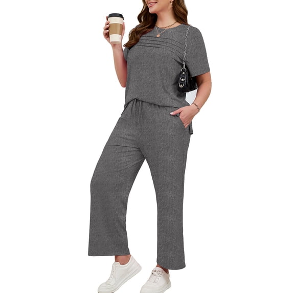 SHOWMALL Women's Plus Size 2 Piece Outfits Casual Matching Sets Short Sleeve Pleated Top and Wide Leg Pants Lounge Set with Pockets, XL-5XL