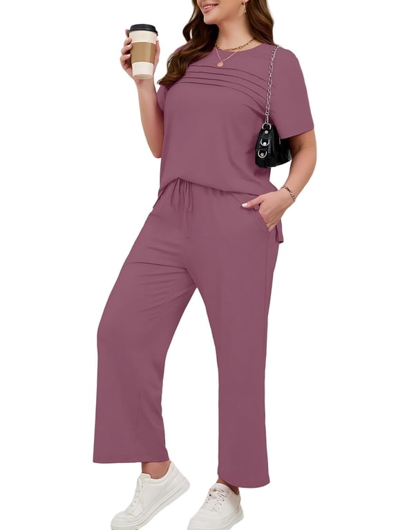 Women's Plus Size 2 Piece Outfits Casual Matching Sets Short Sleeve Pleated Top and Wide Leg Pants Lounge Set with Pockets, XL-5XL
