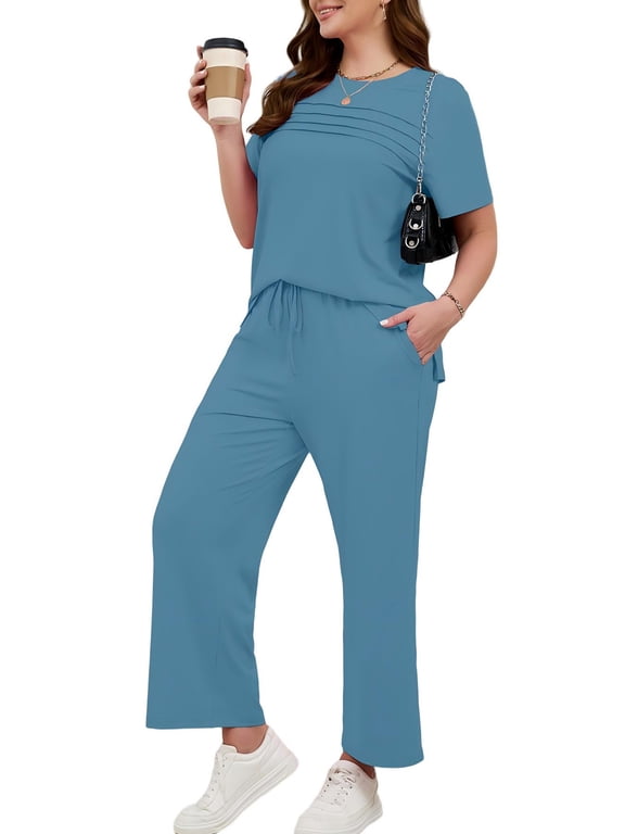 Women's Plus Size 2 Piece Outfits Casual Matching Sets Short Sleeve Pleated Top and Wide Leg Pants Lounge Set with Pockets, XL-5XL