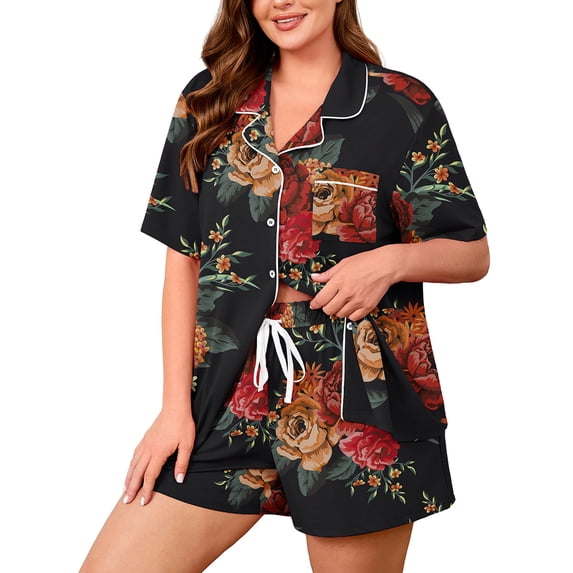 SHOWMALL Women's Plus Size 2 Piece Pajama Set, Short Sleeve Button Down Sleepwear with Pockets, Elegant Floral Black 5X Soft Loungewear for home, Mother’s Day Gift