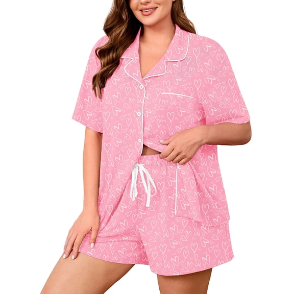 SHOWMALL Women's Plus Size 2 Piece Pajama Set, Short Sleeve Button Down Sleepwear with Pockets, Pink Hearts 2X Soft Loungewear for home, Mother's Day Gift