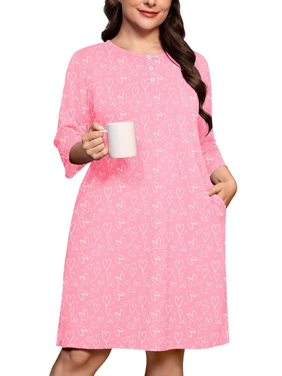Nightgowns for Women Plus Size, Heart Print 3/4 Sleeve Henley Sleep Dress with Pocket, Soft Stretch House Dress for Sleeping & Lounging, Pink Hearts