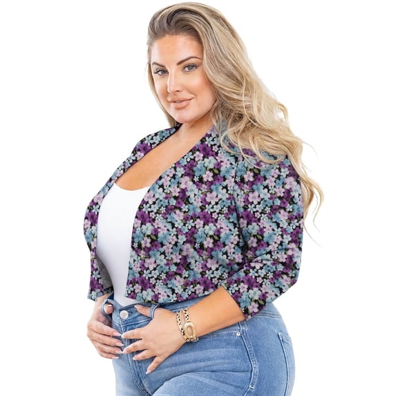 SHOWMALL Women's Plus Size 3/4 Sleeve Open Front Bolero Shrug Lightweight Cropped Cardigan Dress Cover Up Jacket, Tricolor Blossoms